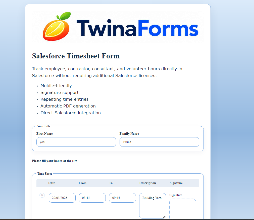 Salesforce Timesheet Form &mdash; TwinaForms public form for tracking employee, contractor, and consultant hours directly in Salesforce, with mobile-friendly time entries and signature support