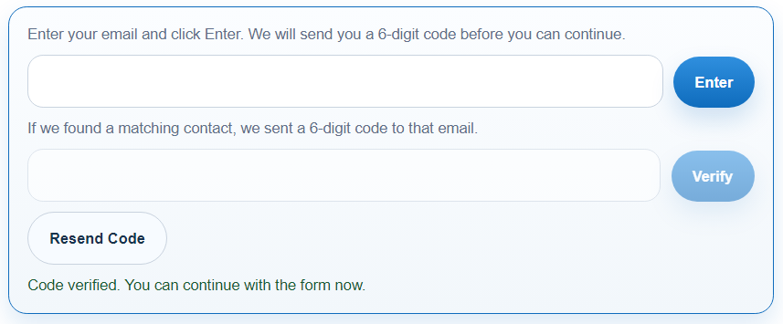 TwinaForms user verification screen &mdash; enter email, receive a 6-digit code, click Verify to access the Salesforce timesheet form
